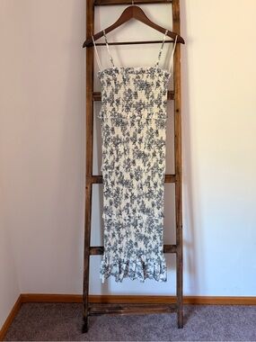 White Floral Smocked Midi Dress with Ruffle Hem